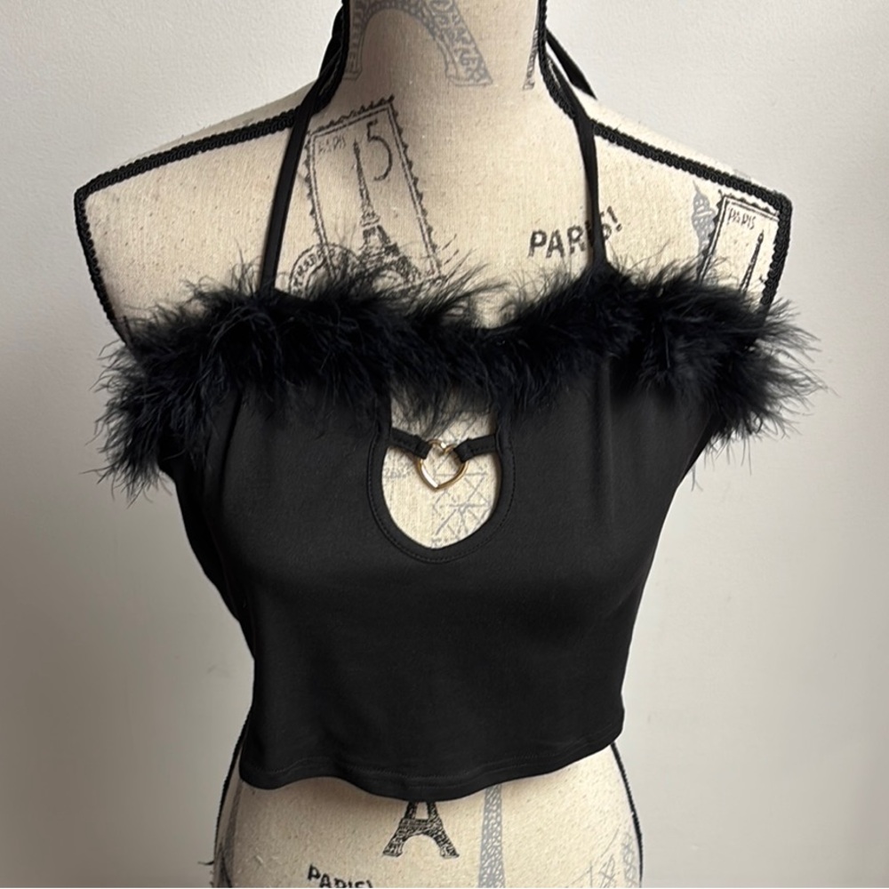 Black Feather Trim Crop Top with Cutout